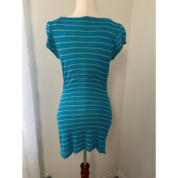 Vintage Deb Y2K Bodycon Dress Size Large Drop Waist Blue Striped Wrap Belted - Picture 2 of 9